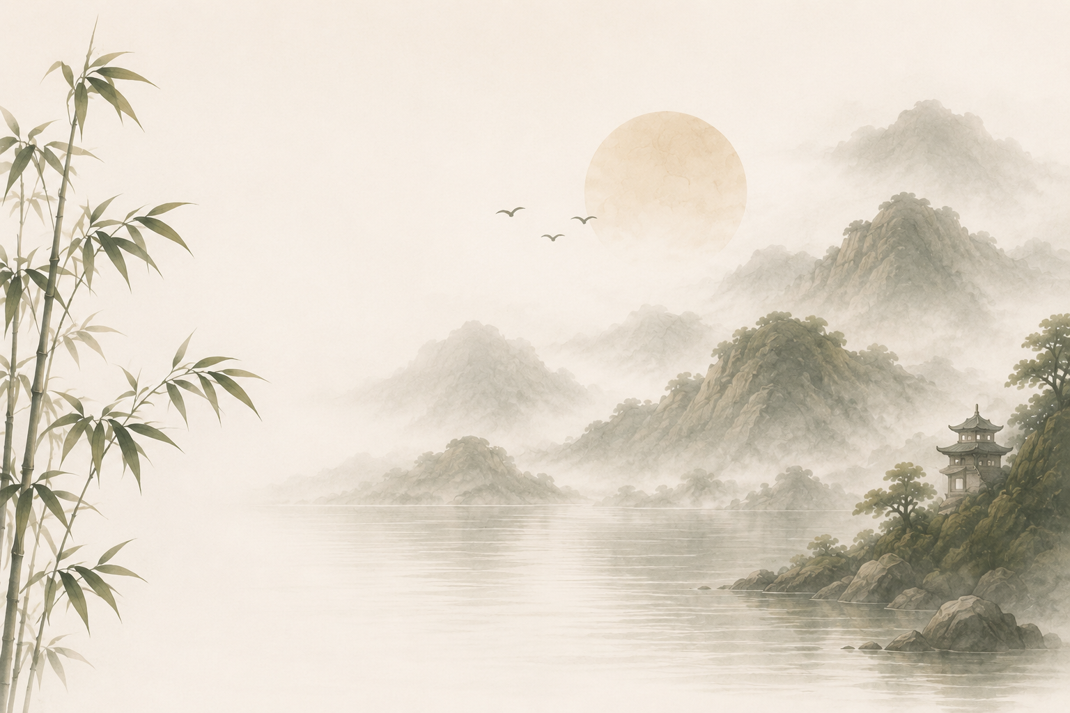 Watercolor mountains, bamboo, and still water